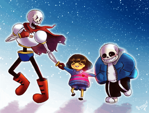 a drawing of papyrus and sans holding hands with a little girl