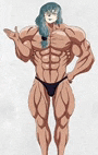 a very muscular man with blue hair is standing in a black bikini .