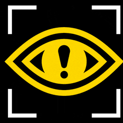 a yellow eye with a black exclamation point in the center