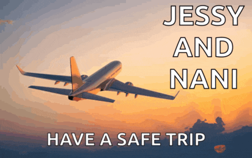 an airplane flying in the sky with the words " jessy and nani " above it