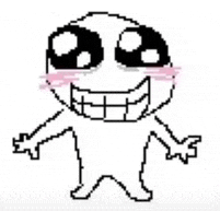 a pixel art drawing of a smiling cartoon character with big teeth and a pink cheek .