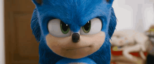 a close up of a sonic the hedgehog with a serious look on his face