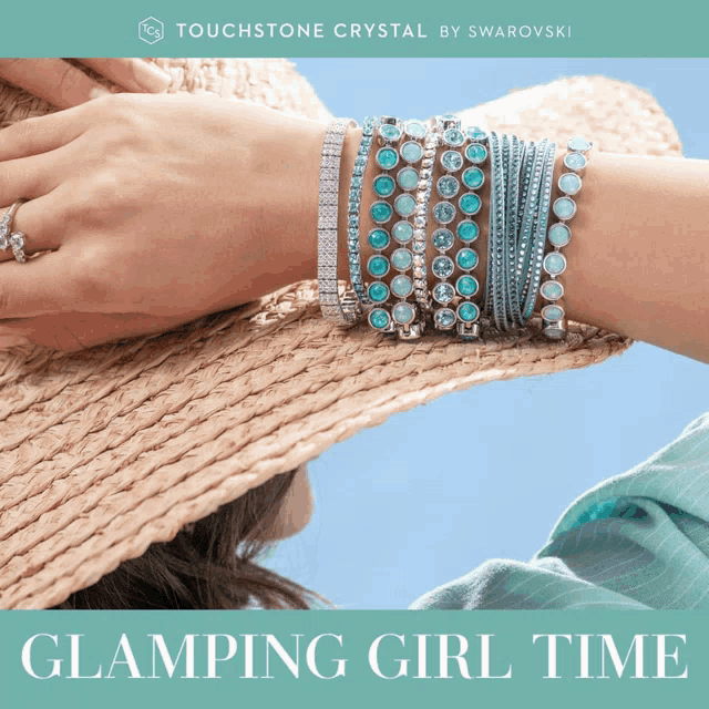 a stack of bracelets on a woman 's wrist with the words glamping girl time below