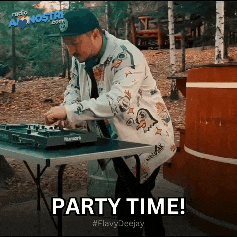 a man is playing music on a table with the words party time on the bottom