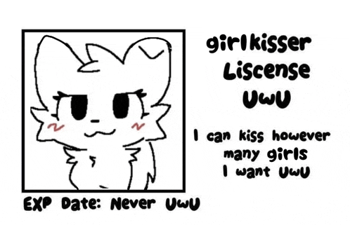 a black and white drawing of a cat with the words `` girl kisser license uwu '' written on it .