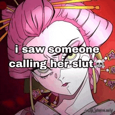 i saw someone calling her slut , a cartoon of a geisha with pink hair .