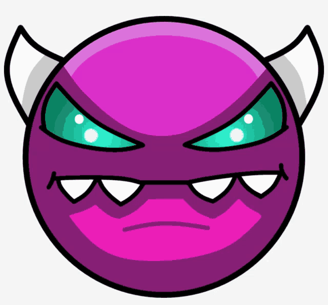 a purple circle with horns and teeth on it