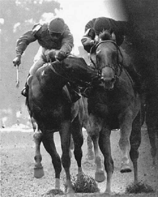 a black and white photo of two horses racing