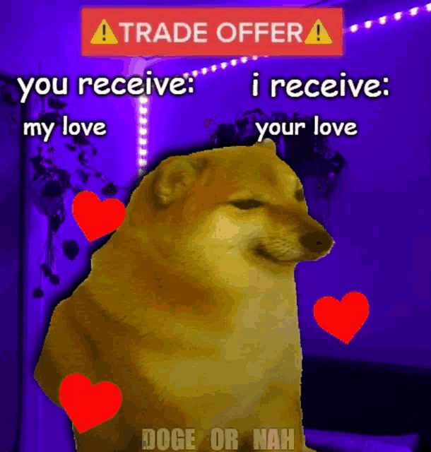 a picture of a dog with hearts around it and the words trade offer on it