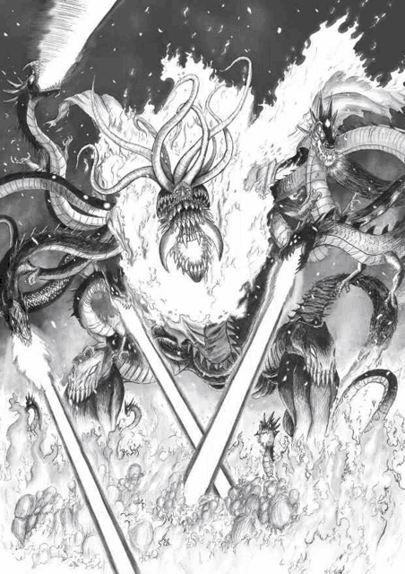 a black and white drawing of a group of dragons fighting each other in a battle .