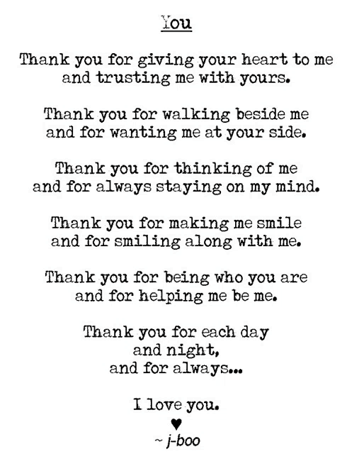 a black and white poem that says thank you for giving your heart to me and trusting me with yours .