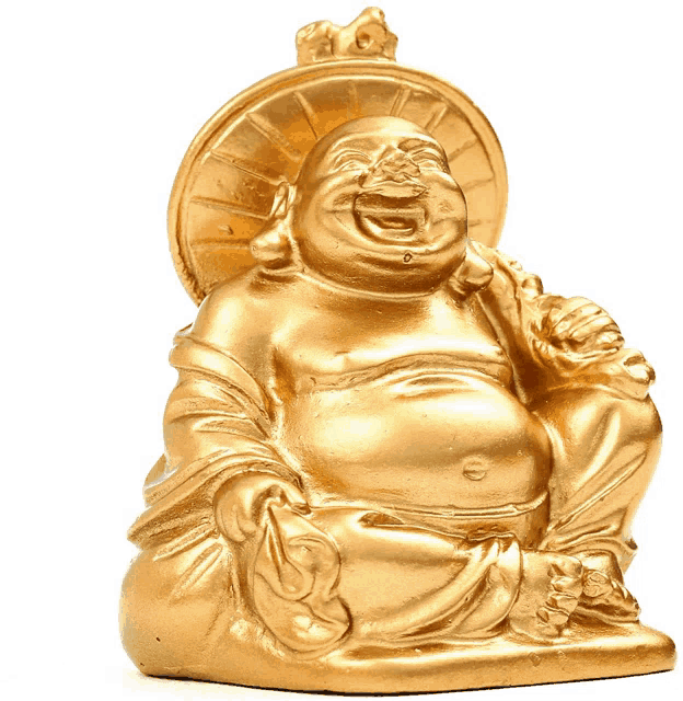 a gold statue of a laughing buddha with a umbrella on his head