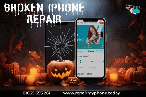 an advertisement for broken iphone repair with pumpkins and candles around it