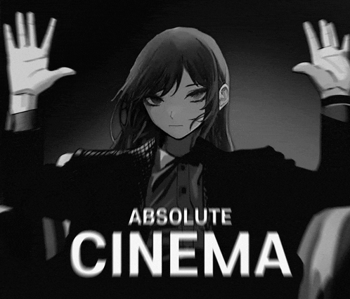 a poster for absolute cinema with a girl in a suit