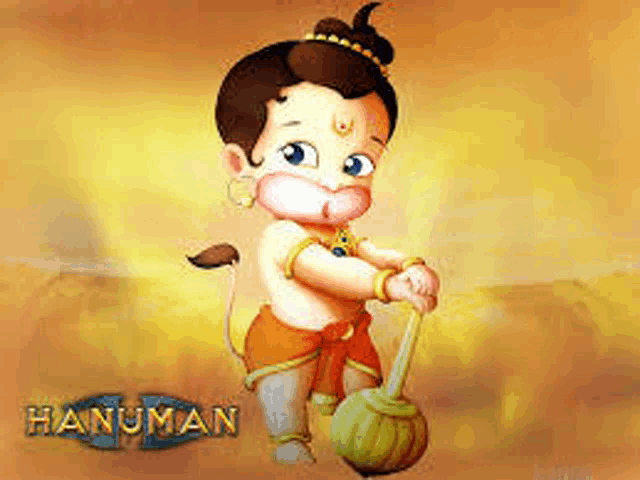 a cartoon of a baby hanuman holding a hammer and a ball .