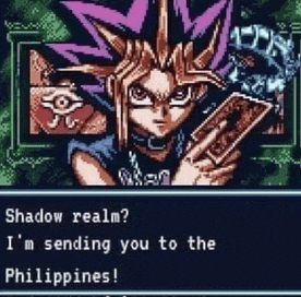 yugi from yu gi oh is holding a card and asking shadow realm .