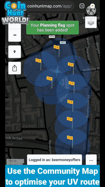 a screenshot of a coin hunt world app shows a planning flag spot has been added