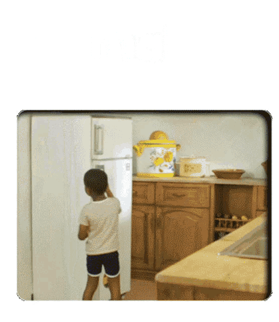 a young boy stands in front of a refrigerator in a kitchen with a yellow bucket with flowers on it