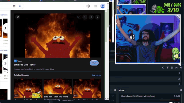 a screenshot of elmo fire gifs and a screenshot of a man with his arms in the air