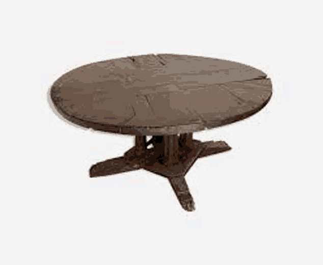 a round wooden table with a wooden base and a wooden top on a white background .