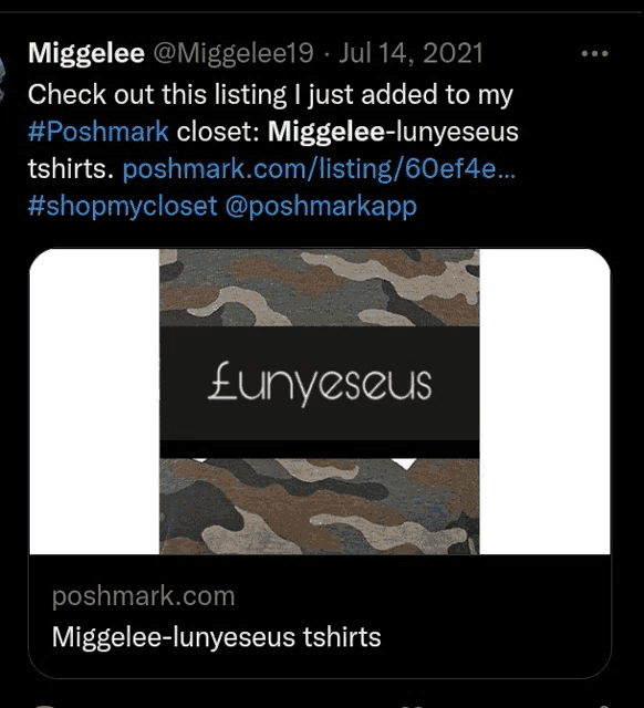 a screenshot of a poshmark.com listing for miggelee-lunyeseus shirts