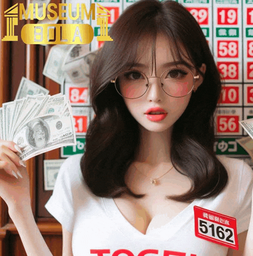 a woman wearing glasses holds a stack of money in front of a sign that says museum bola