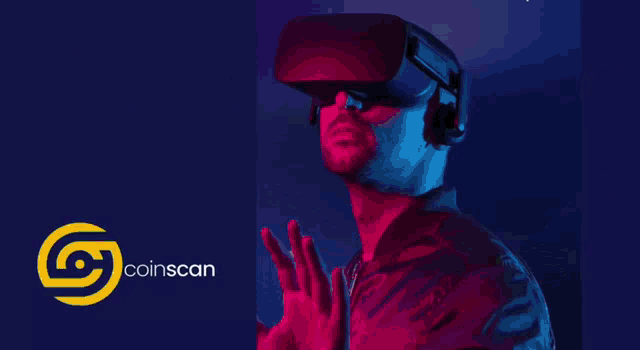 a man wearing a virtual reality headset with the words coinscan just got listed on coingecko