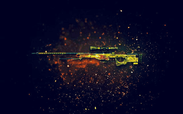 a colorful sniper rifle with a scope is surrounded by sparks