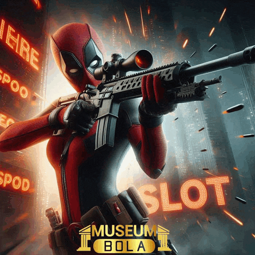 a poster of deadpool holding a sniper rifle with the word slot in the background