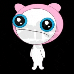 a white cartoon character wearing a pink hat with blue eyes