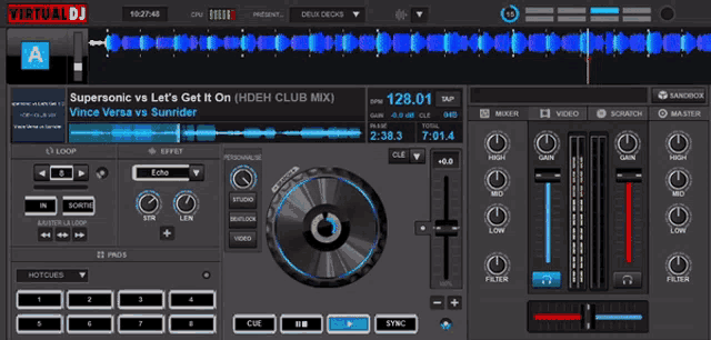 a screenshot of a virtual dj mixer with supersonic vs let 's get it on visible