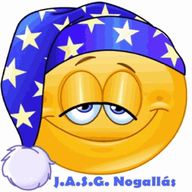 a smiley face wearing a blue hat with stars and the name j.a.s.g. nogallas on the bottom