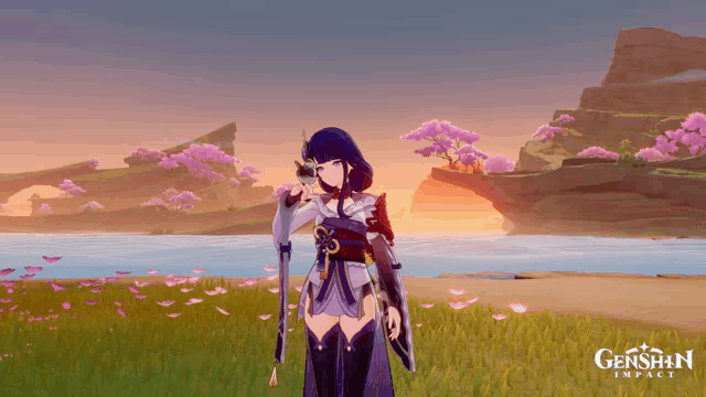 a genshin impact character stands in a field with flowers