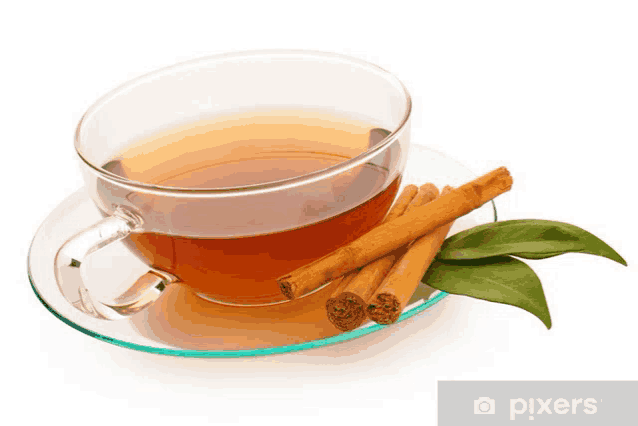 a cup of tea with cinnamon sticks and leaves