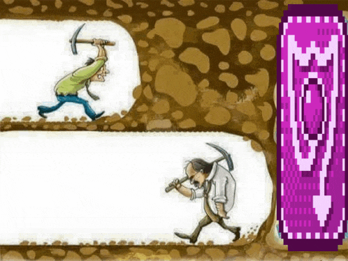 a cartoon of a man with a hammer and a man with a pickaxe going through a hole .