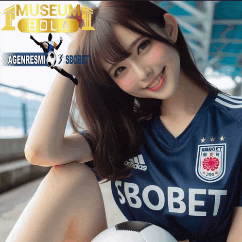 a girl wearing a blue soccer jersey that says sbobet