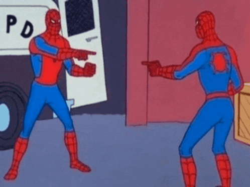 two spider-men are pointing at each other in a cartoon .