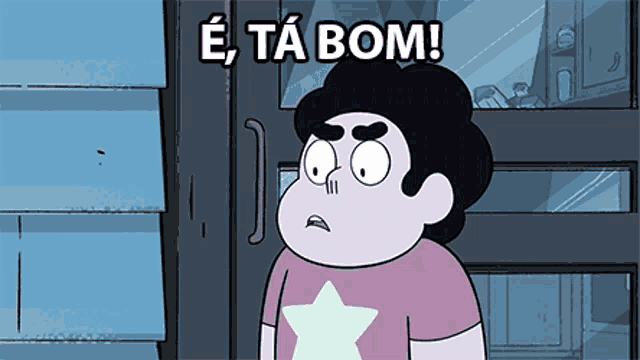 a cartoon character with a star on his shirt is standing in front of a glass door and says e ta bom