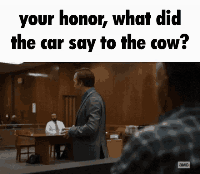 a man in a suit stands in a courtroom and says " your honor what did the car say to the cow ? "