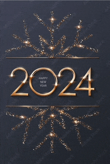 a happy new year 2024 greeting card with a gold snowflake