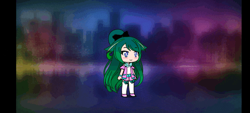 a girl with green hair is standing in front of a colorful background