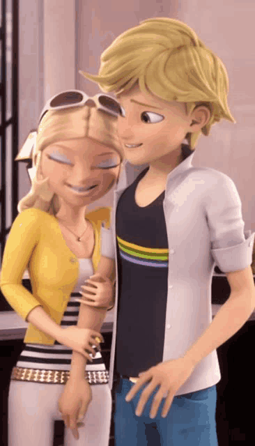 a boy and a girl from a cartoon are hugging and smiling