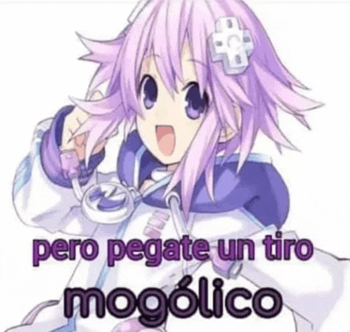 a cartoon of a girl with purple hair and the words `` pero pegate un tiro mogolico '' written on it .