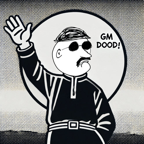 a black and white drawing of a man with the words gm dood written on the bottom