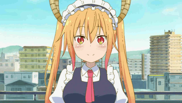 a maid with horns is smiling in front of a city skyline