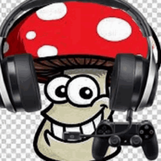 a mushroom wearing headphones and holding a game controller