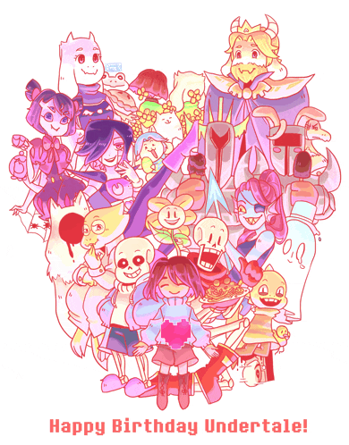 a group of undertale characters are gathered in a heart shape with the words happy birthday undertale on the bottom