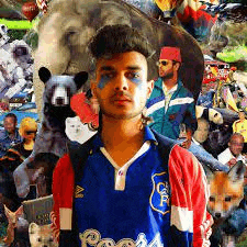 a man in a blue and red shirt is standing in front of a collage of animals and people .