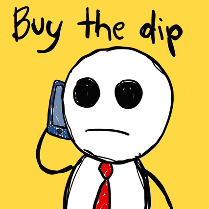 a drawing of a man talking on a phone with the words buy the dip written below him