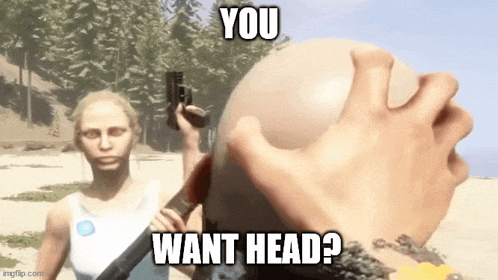 a woman is holding a gun in front of a bald man 's head with the words you want head written on it .